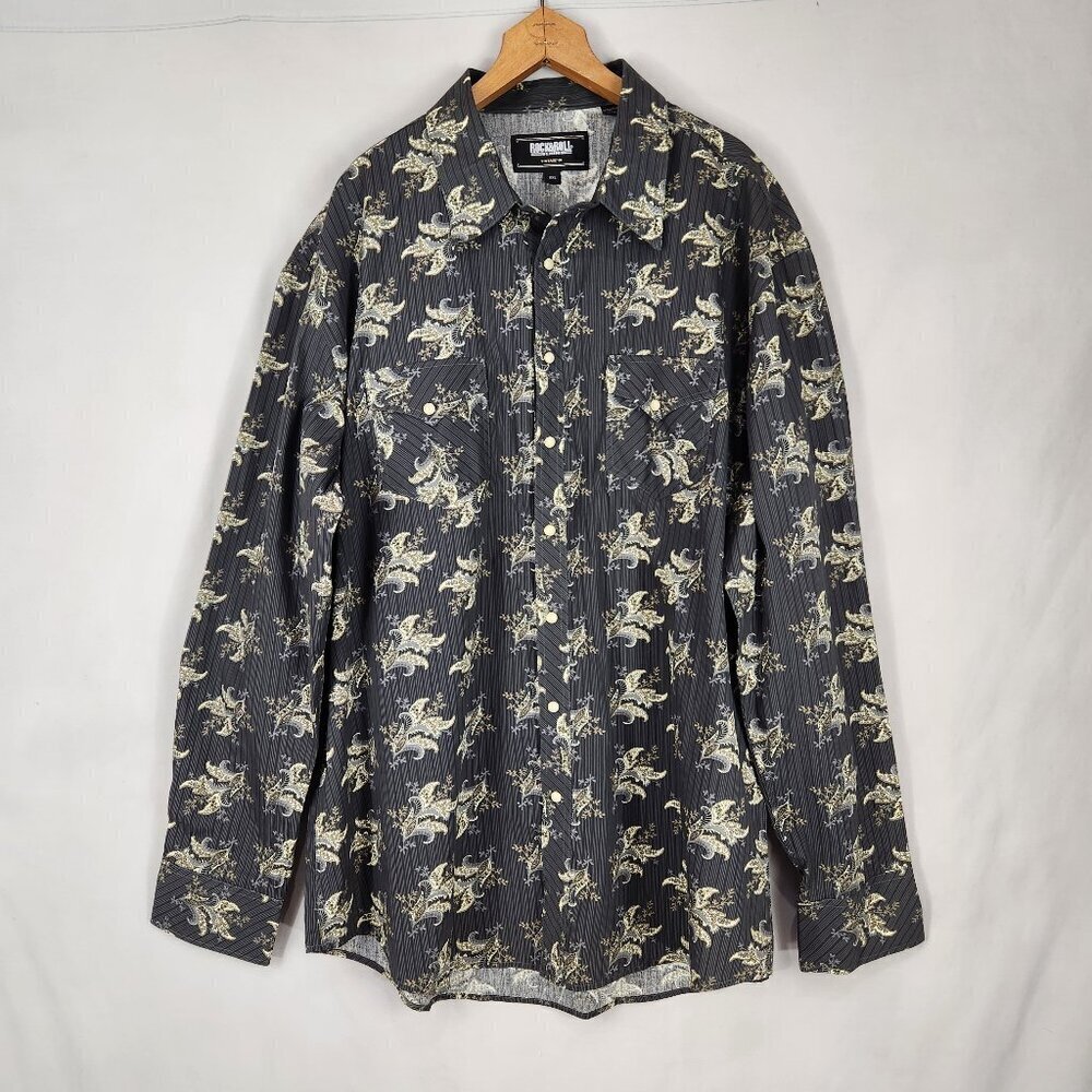 Rock And Roll Denim Pearl Snap Shirt Men's XXL Gray Long Sleeve Paisley Floral